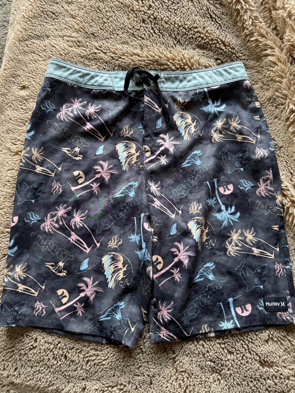 Hurley Black Swim Shorts with Pastel Tropical Motif